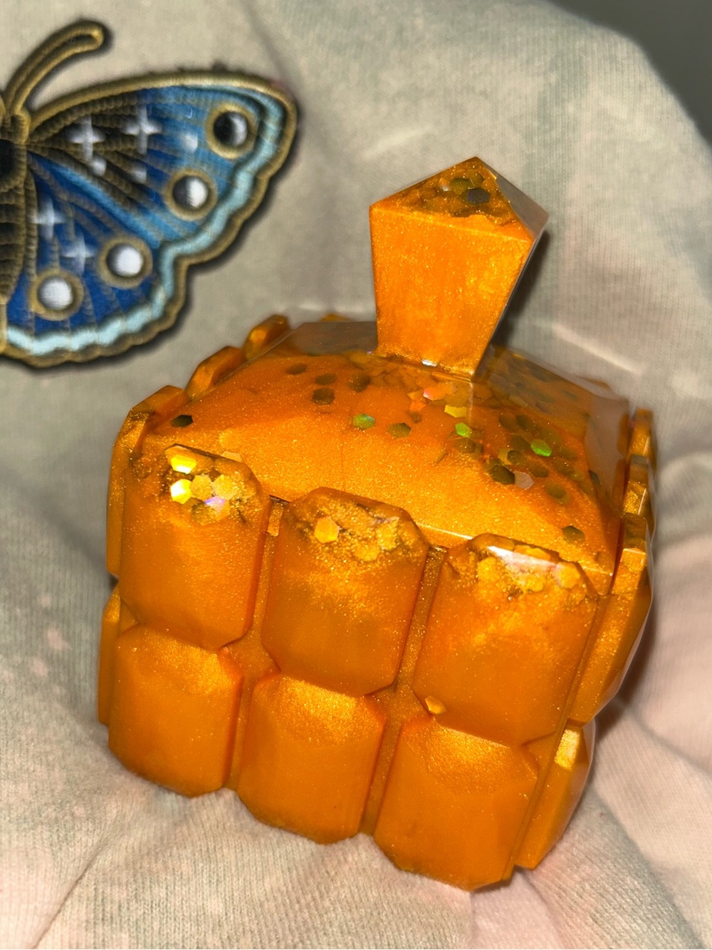 Handmade Orange Geometric Jewelry Storage Box with Gold Shiny Confetti Glitter